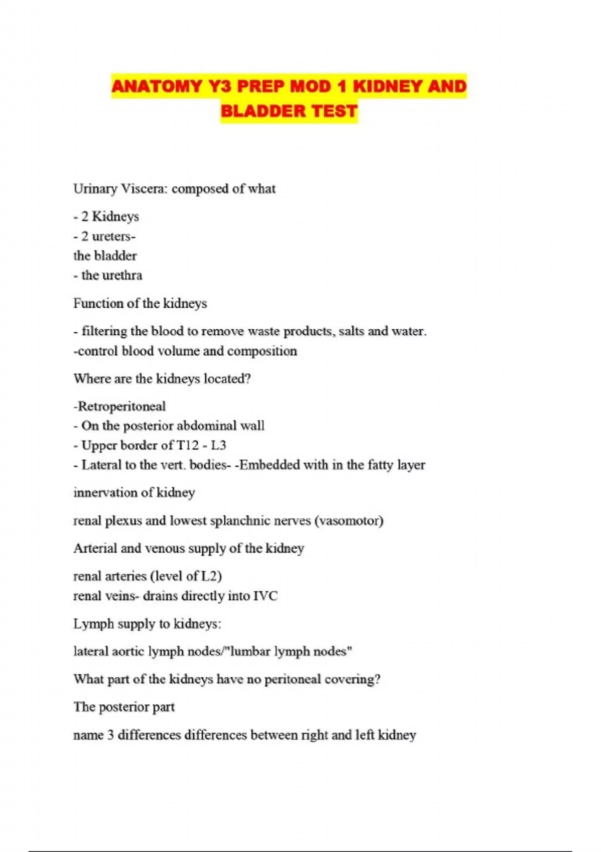 ANATOMY Y3 PREP MOD 1 KIDNEY AND BLADDER TEST - ANATOMY Y3 PREP MOD 1 ...