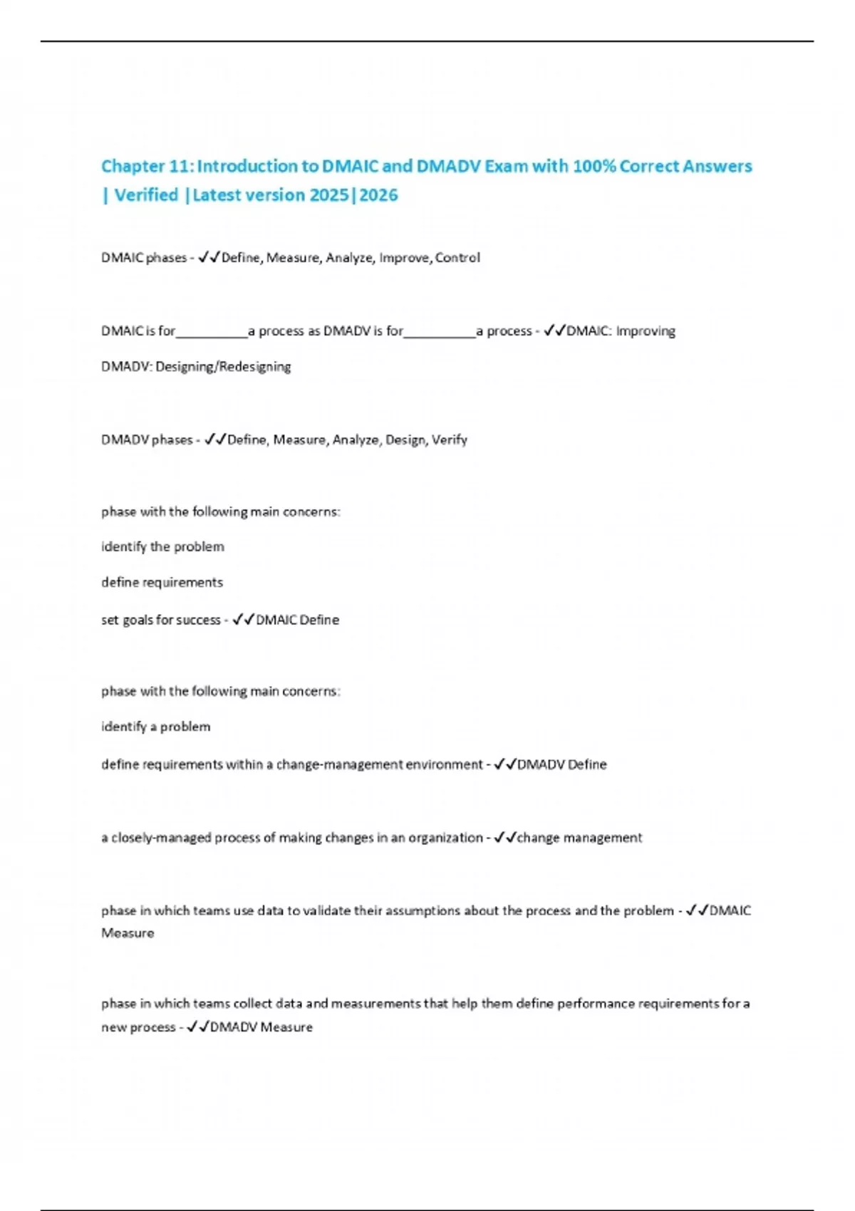 Chapter 11: Introduction to DMAIC and DMADV Exam with 100% Correct ...