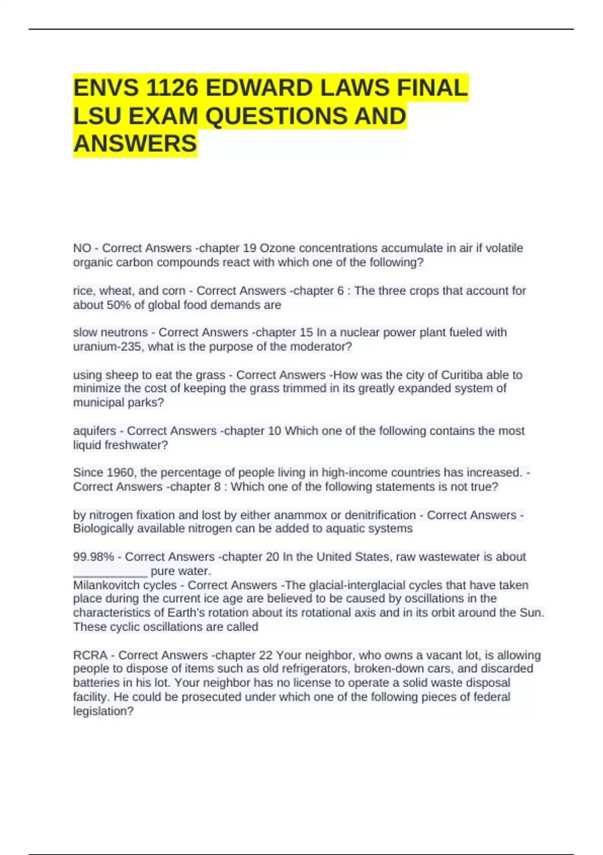 ENVS 1126 EDWARD LAWS FINAL LSU EXAM QUESTIONS AND ANSWERS - ENVS 1126 ...