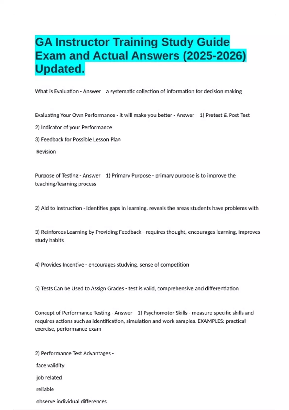 GA Instructor Training Study Guide Exam and Actual Answers () Updated ...