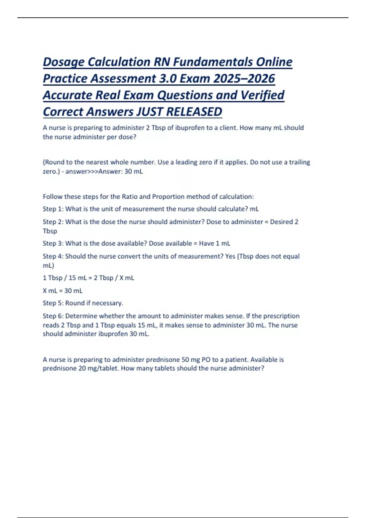 Dosage Calculation RN Fundamentals Online Practice Assessment 3.0 Exam ...