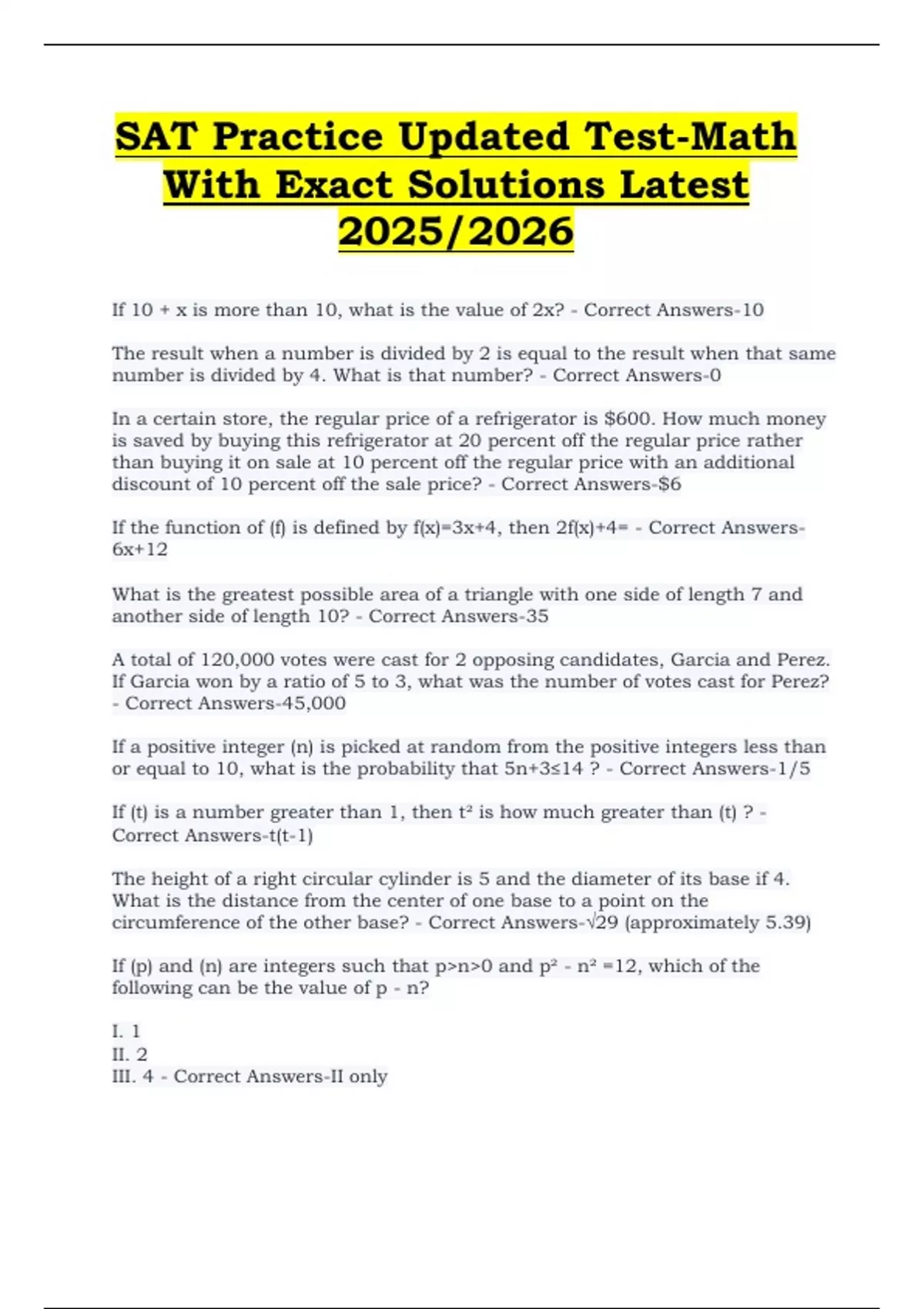 SAT Practice Updated Test – Math With Exact Solutions Latest 2025/2026 ...