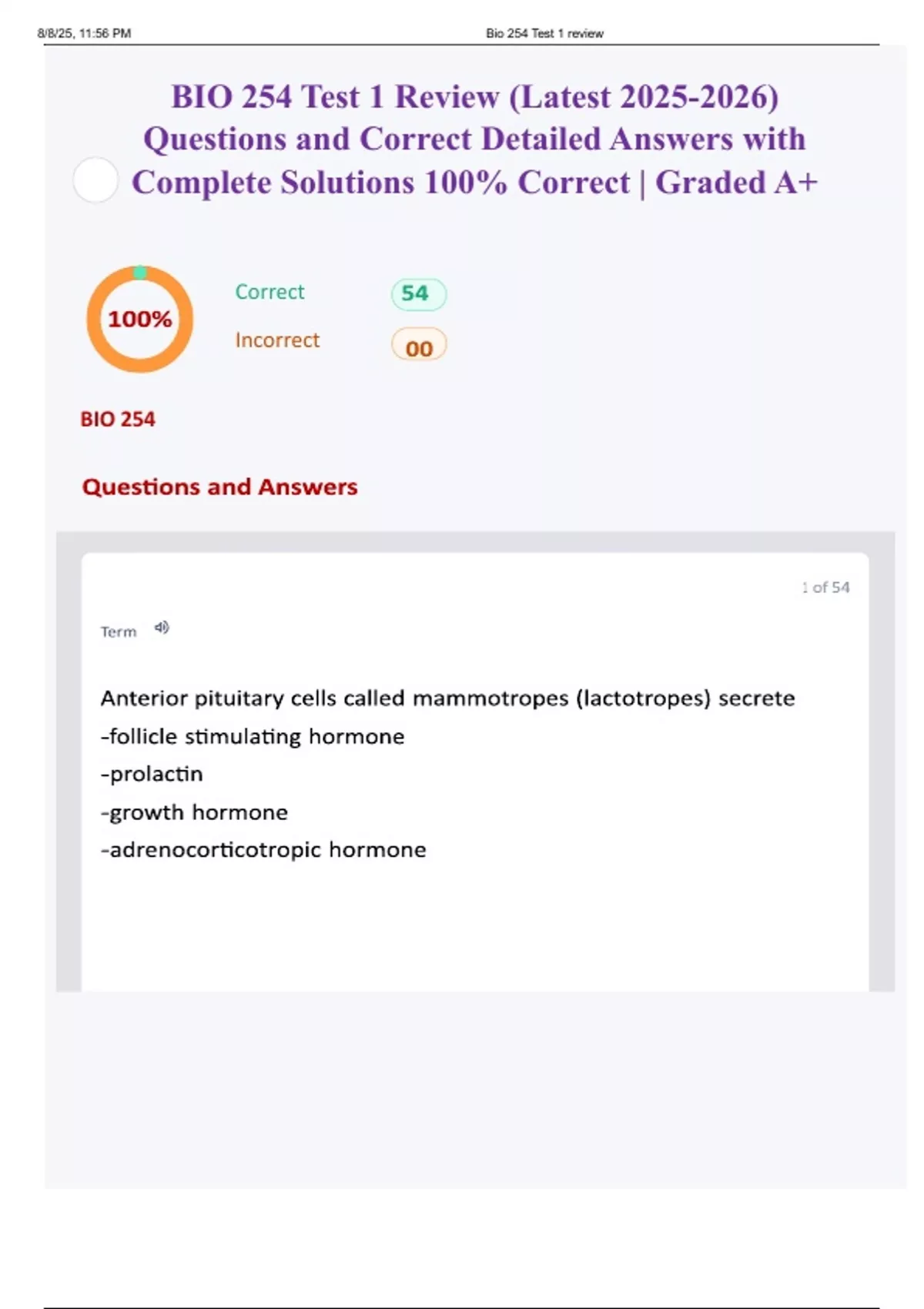 BIO 254 Test 1 Review (Latest ) Questions and Correct Detailed Answers ...
