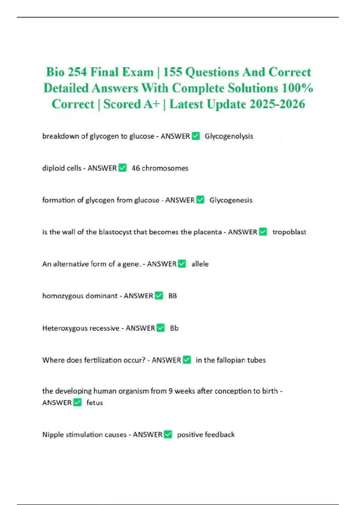 Bio 254 Final Exam | 155 Questions And Correct Detailed Answers With ...