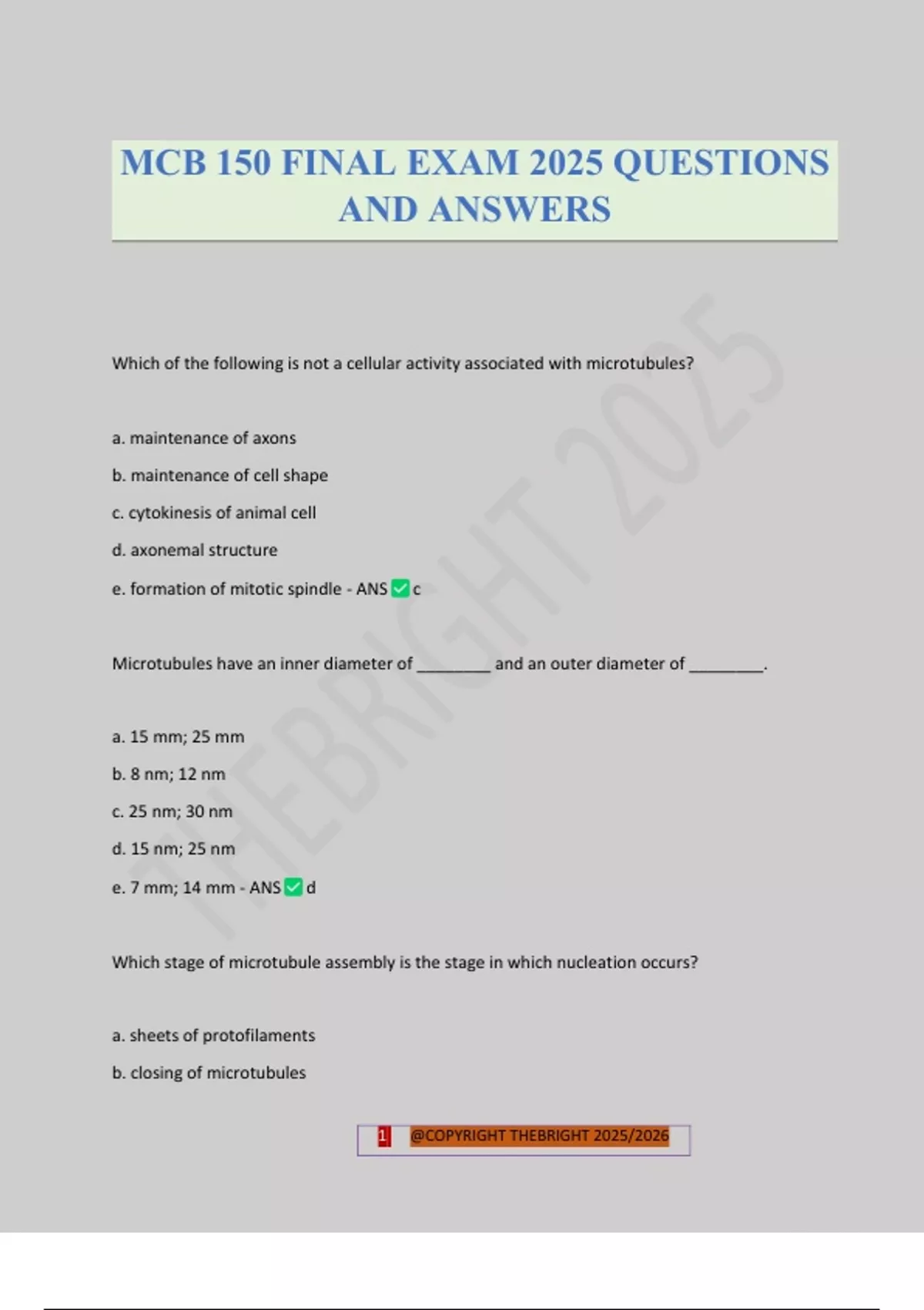 MCB 150 FINAL EXAM 2025 QUESTIONS AND ANSWERS - MCB 150 - Stuvia US