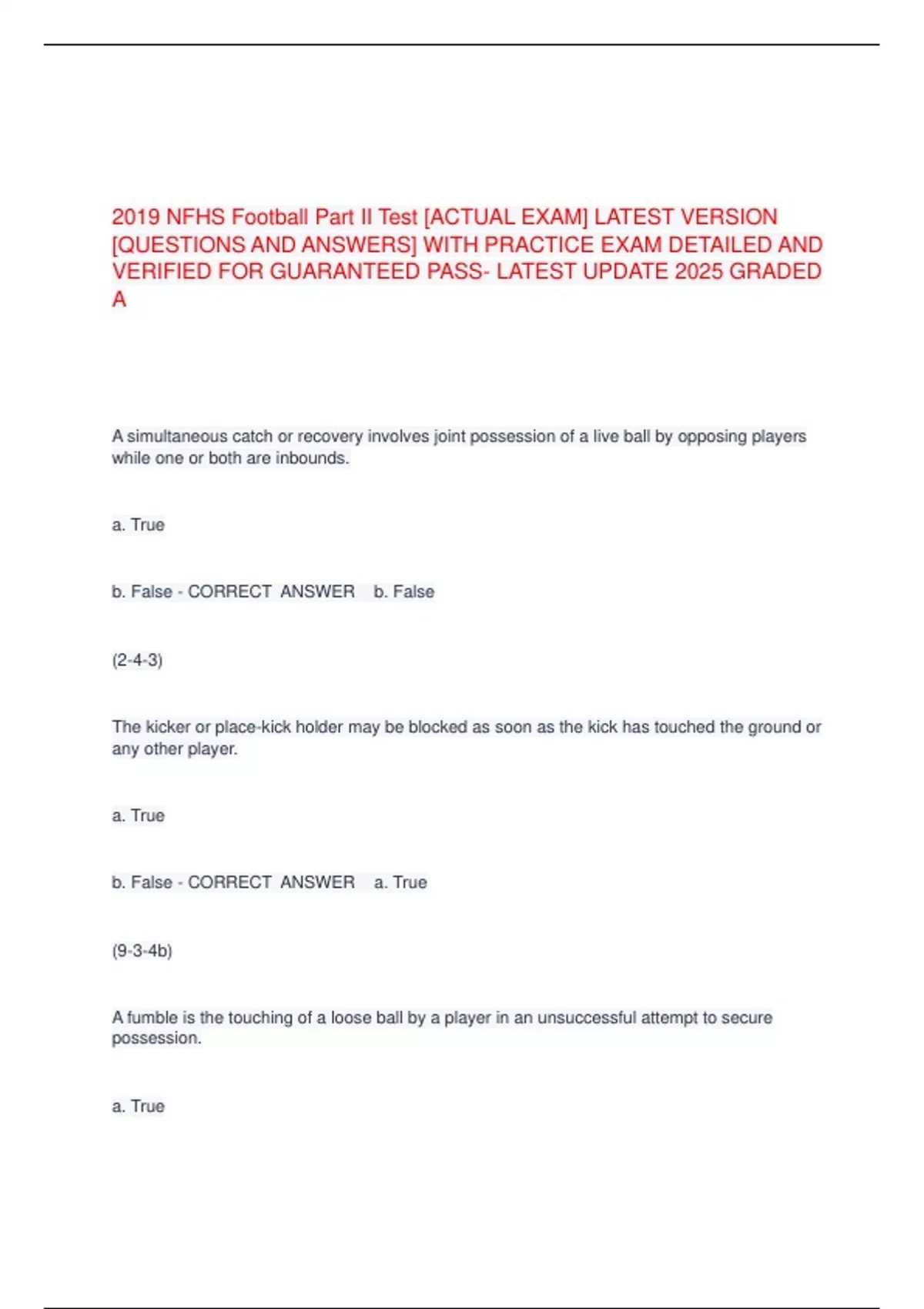 2019 NFHS Football Part II Test [ACTUAL EXAM] LATEST VERSION [QUESTIONS ...