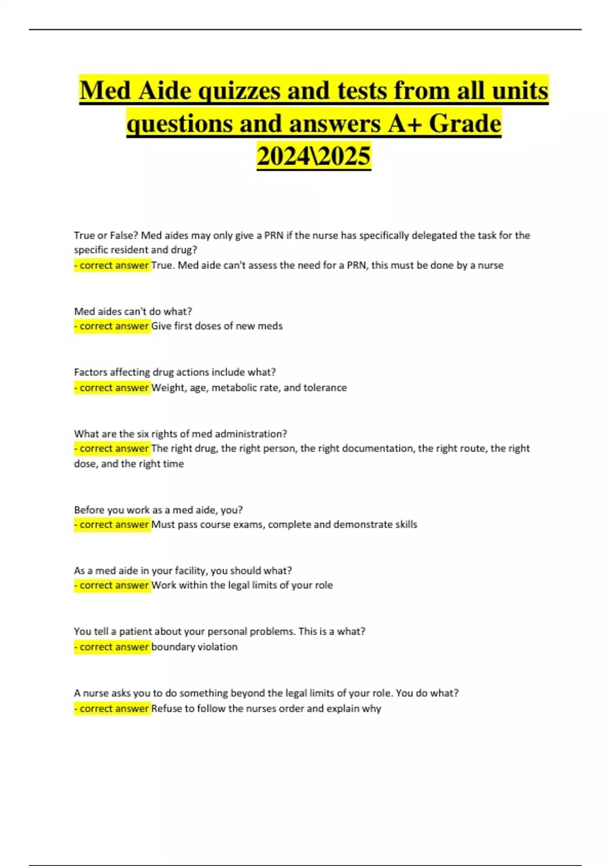 Med Aide Quizzes and Tests from All Units | 295 Questions with 100% ...