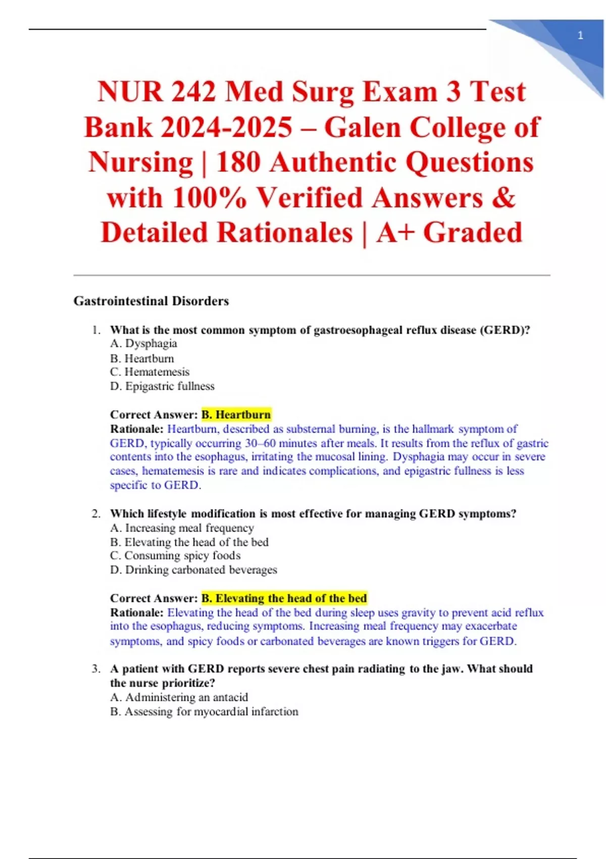 NUR 242 Med Surg Exam 3 Test Bank – Galen College of Nursing | 180 ...