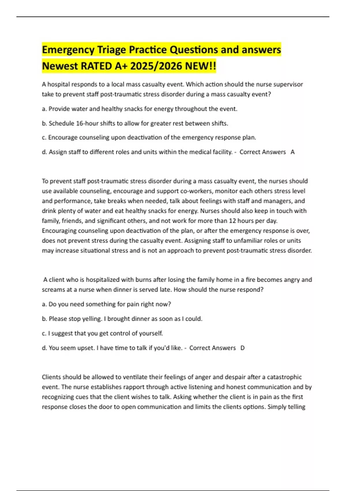 Emergency Triage Practice Questions and answers Newest RATED A+ 2025/ ...