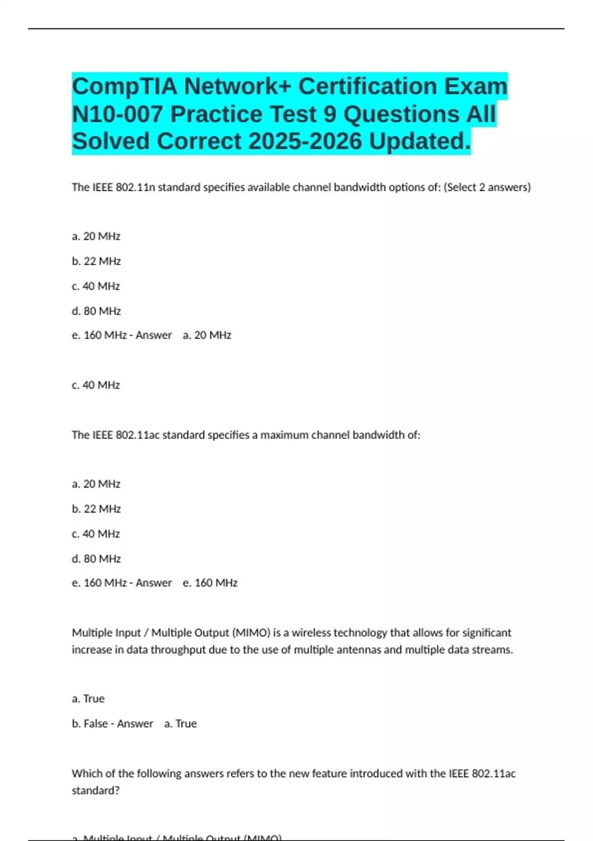 CompTIA Network+ Certification Exam N10-007 Practice Test 9 Questions ...