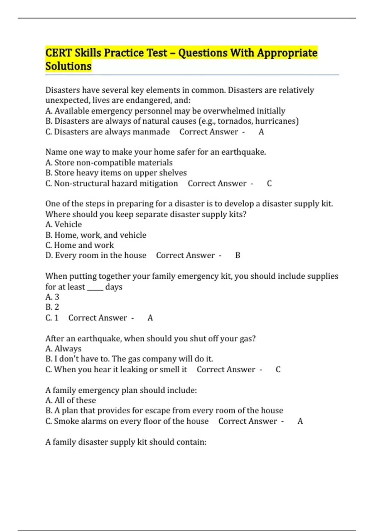 CERT Skills Practice Test – Questions With Appropriate Solutions - HOSA ...