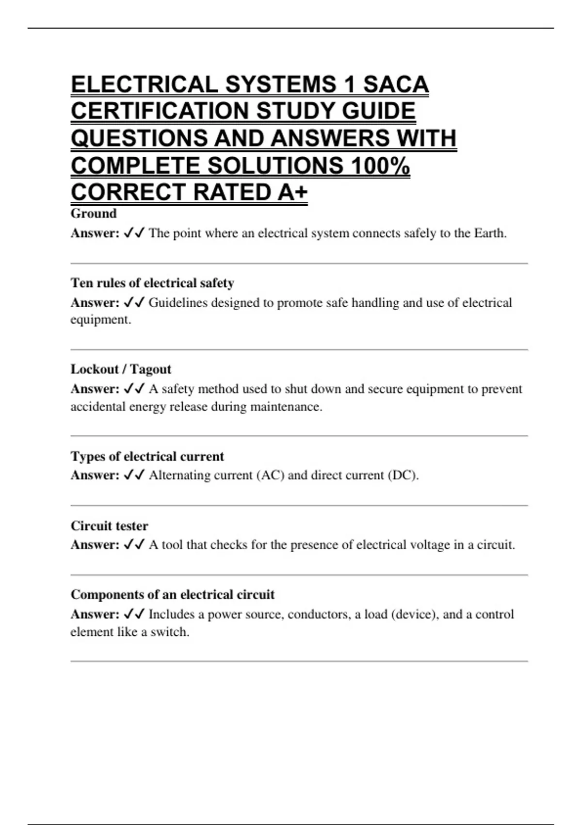 Saca Test Example ELECTRICAL SYSTEMS 1 SACA CERTIFICATION STUDY GUIDE QUESTIONS AND ...