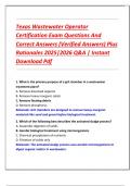 Texas Wastewater Operator  Certification Exam Questions And  Correct Answers &lpar;Verified Answers&rpar; Plus  Rationales 2025&vert;2026 Q&A &vert; Instant  Download Pdf