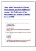 Texas Water Operator Certification  Practice Exam Questions And Correct  Answers &lpar;Verified Answers&rpar; Plus  Rationales 2025&vert;2026 Q&A &vert; Instant  Download Pdf