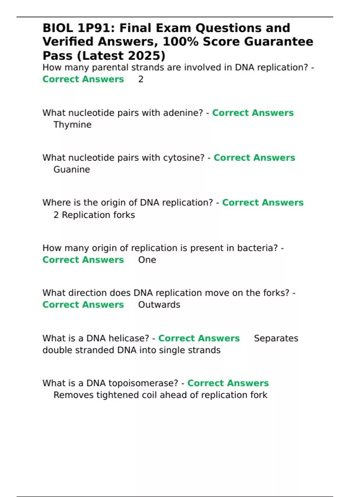 BIOL 1P91 Finl Exam Questions and Verified Answers, 100- Score ...
