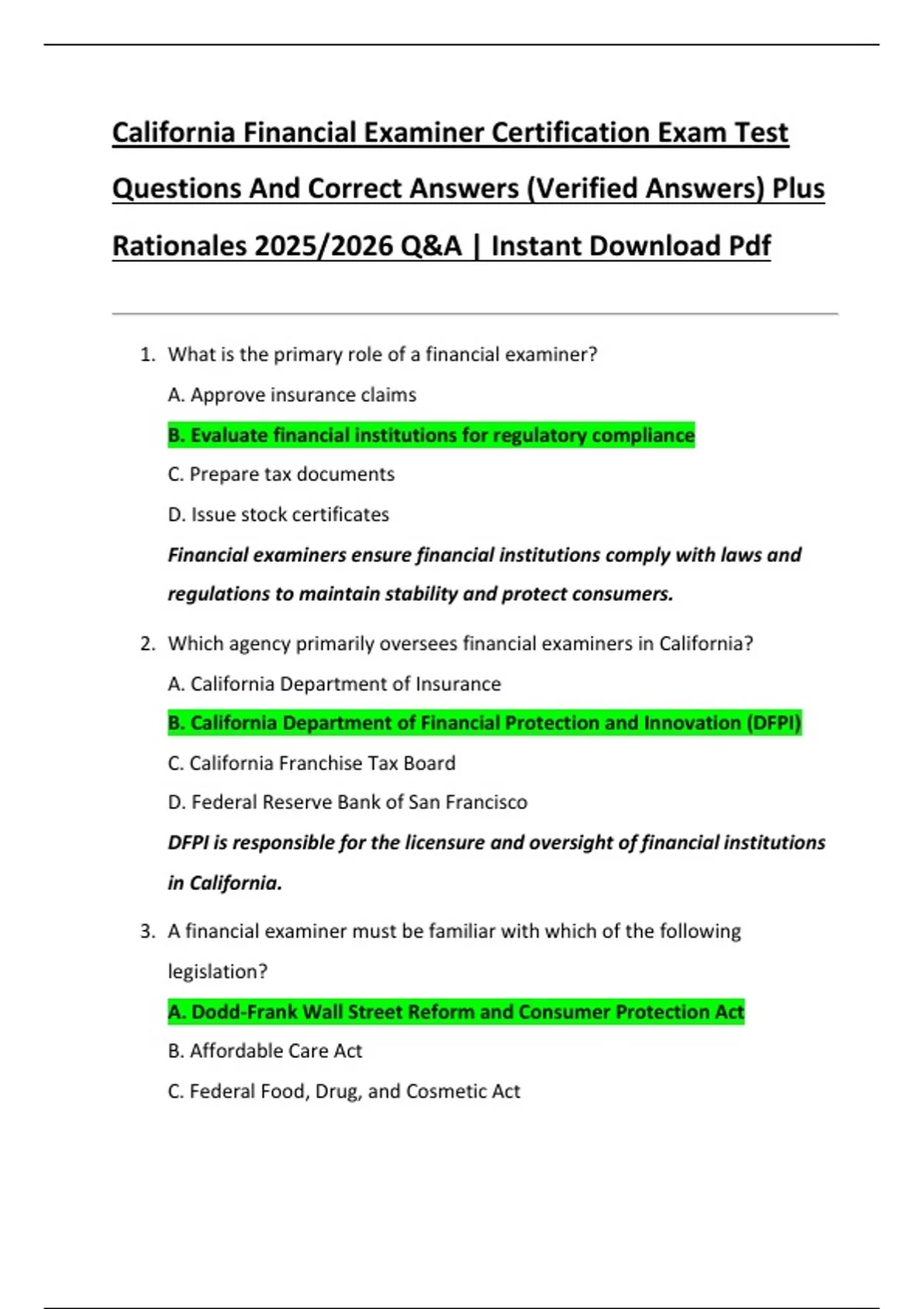 California Financial Examiner Certification Exam Test Questions And Correct Answers (Verified ...