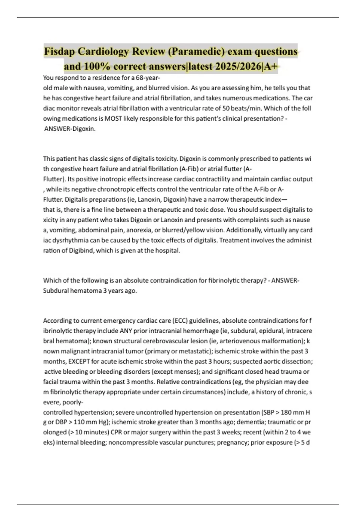 Fisdap Cardiology Review (Paramedic) exam questions and 100% correct ...