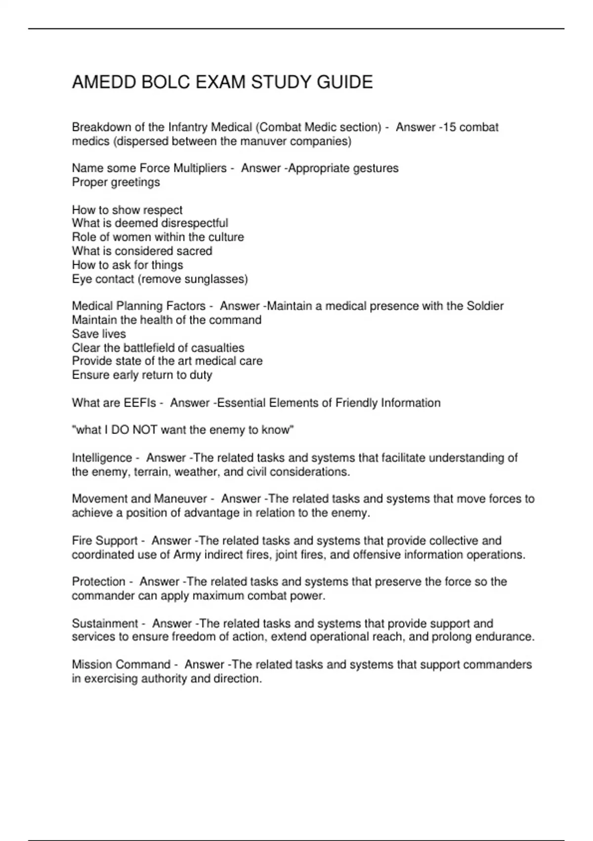 AMEDD BOLC EXAM STUDY GUIDE - AMEDD BOLC - Stuvia US