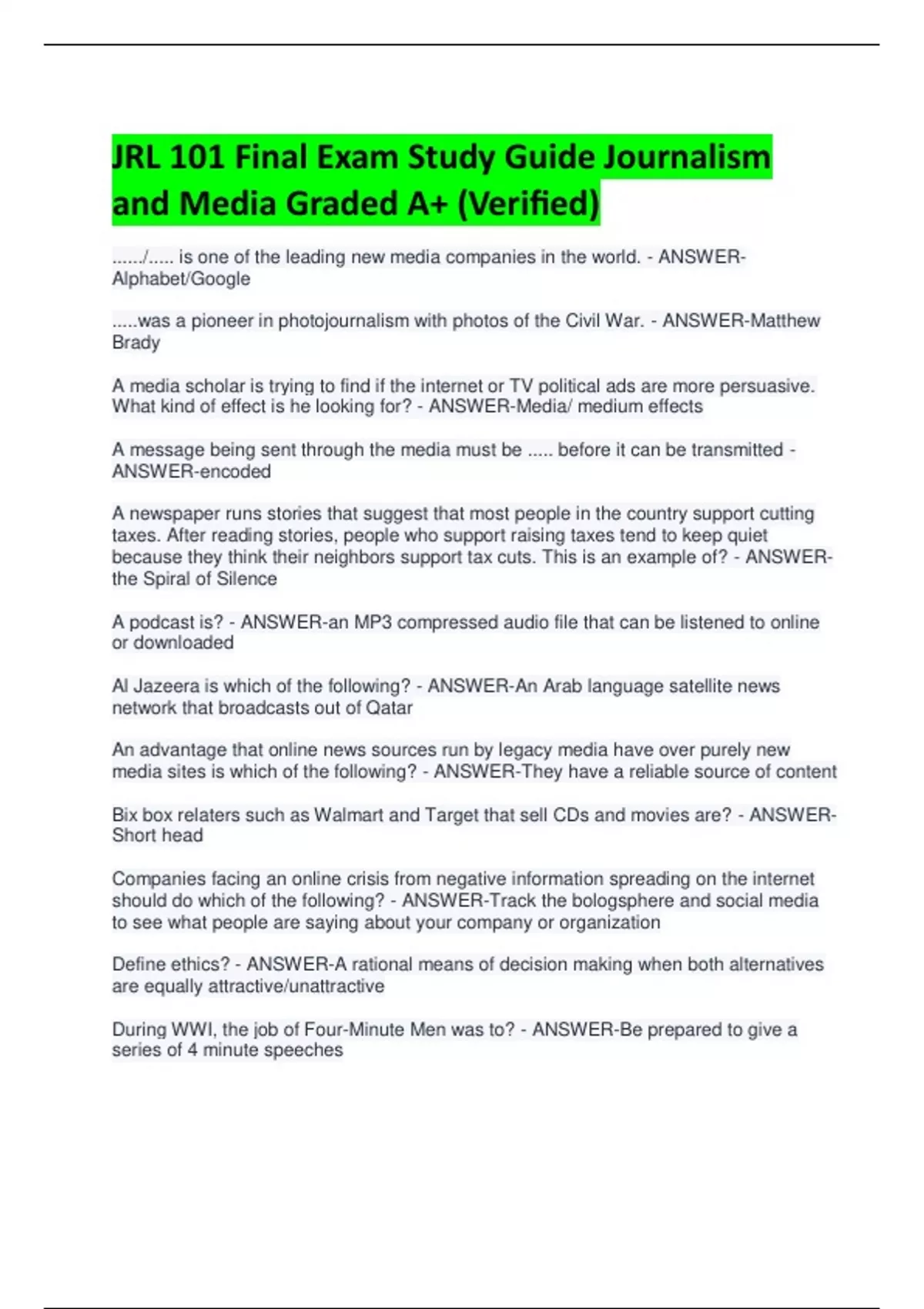 JRL 101 Final Exam Study Guide Journalism and Media Graded A+ (Verified ...