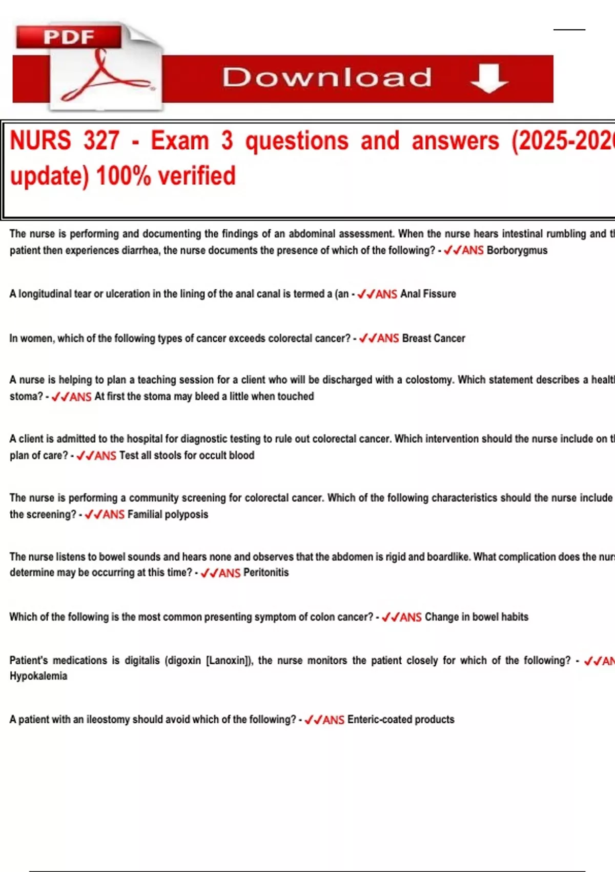 NURS 327 - Exam 3 questions and answers ( update) 100% verified - NURS ...