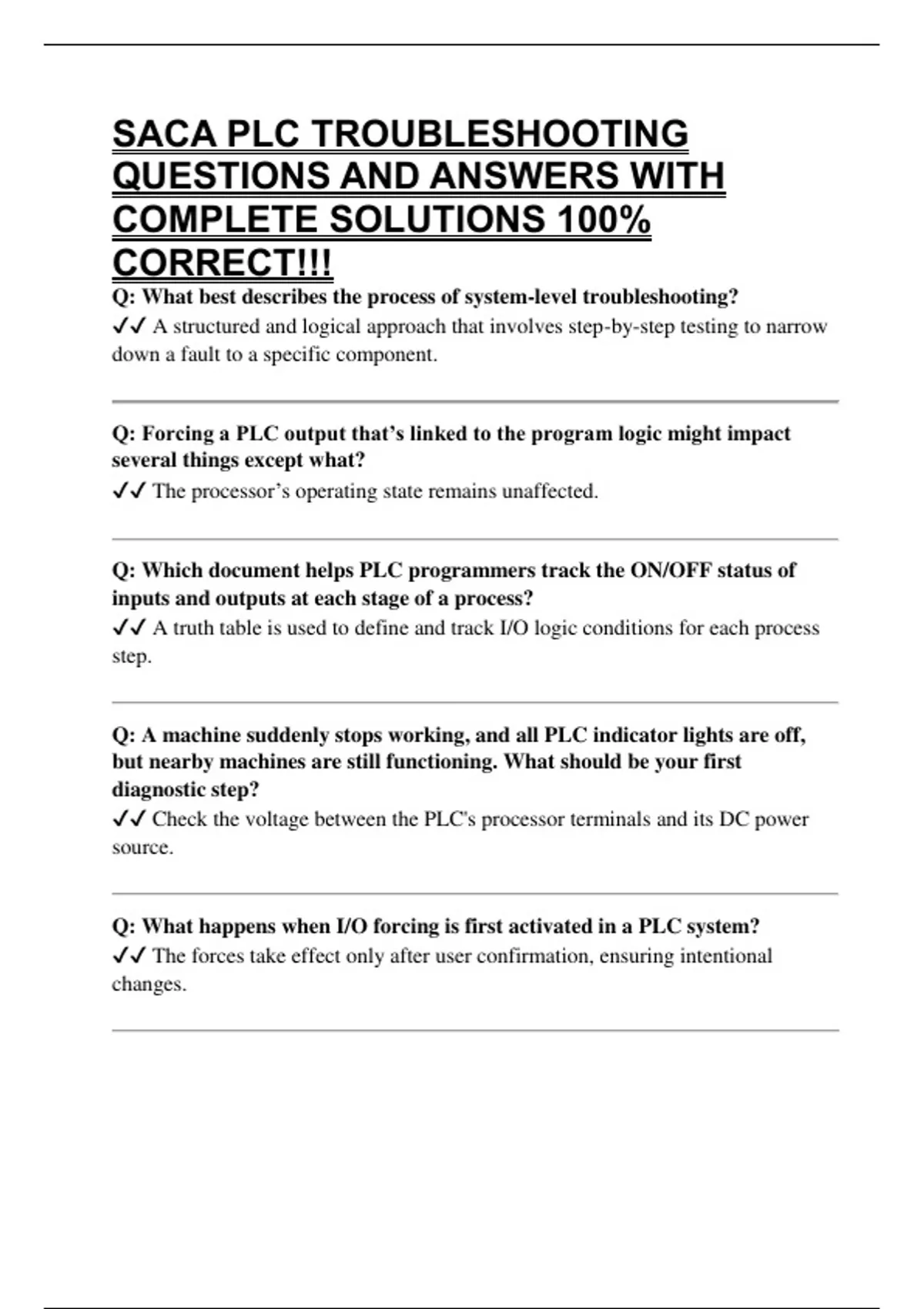 SACA PLC TROUBLESHOOTING QUESTIONS AND ANSWERS WITH COMPLETE SOLUTIONS ...