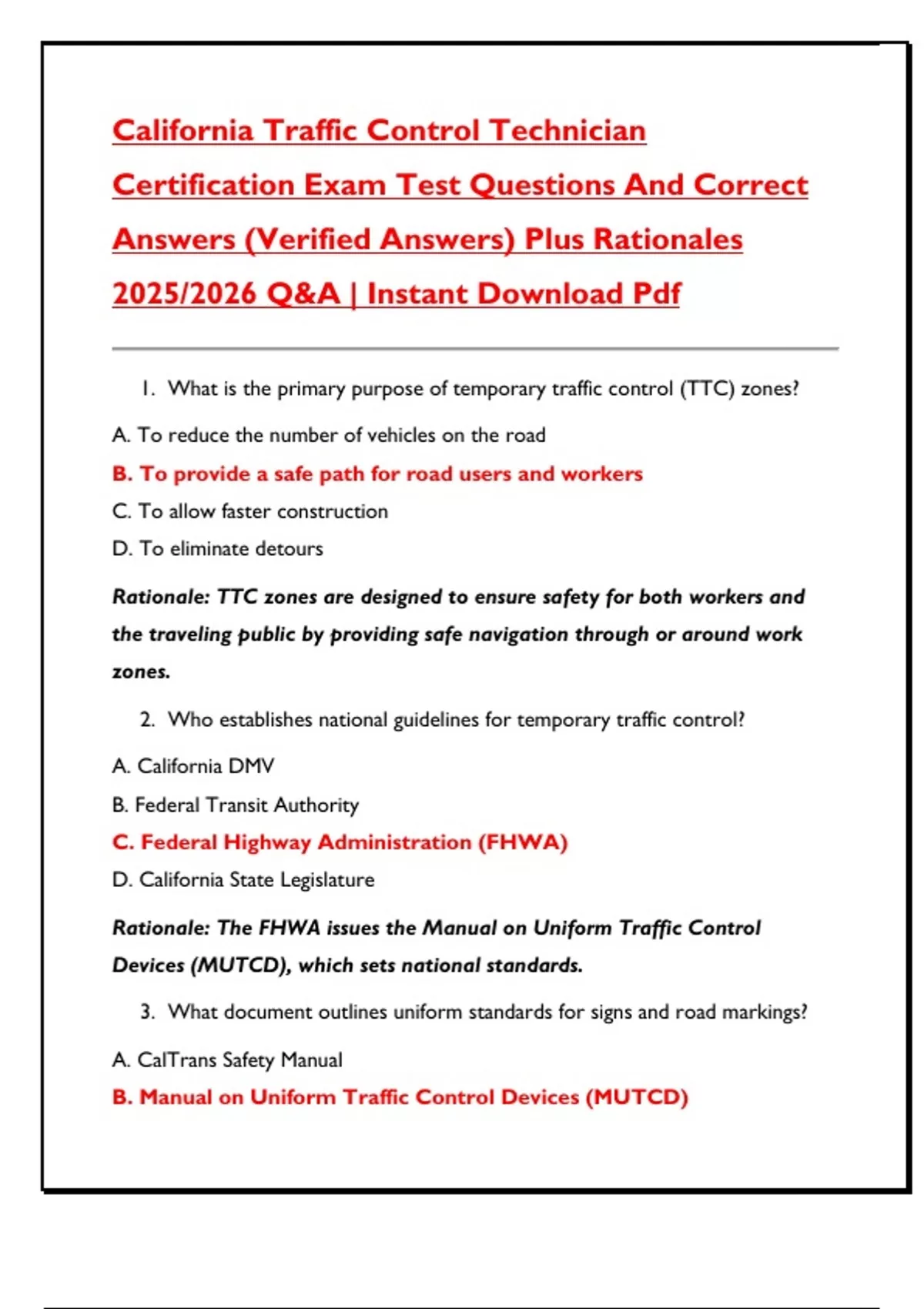 California Traffic Control Technician Certification Exam Test Questions ...