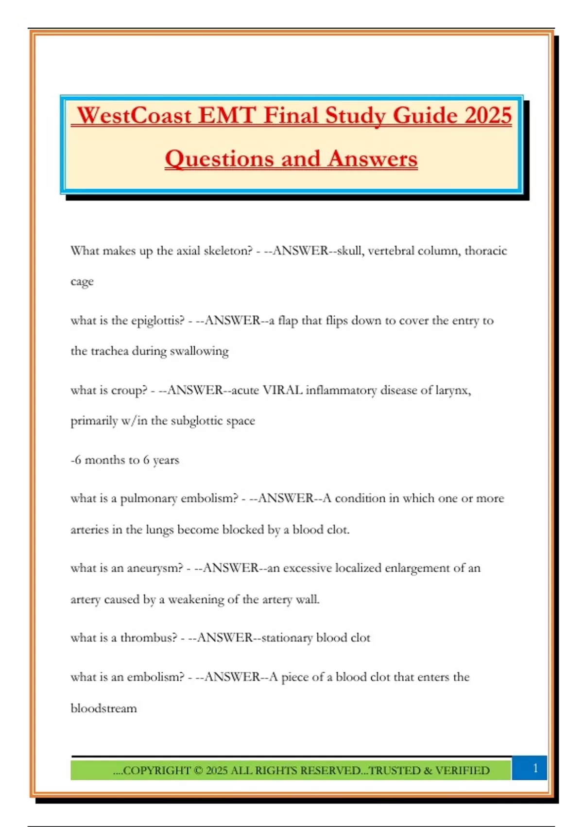 WestCoast EMT Final Study Guide 2025 Questions and Answers - West coast ...