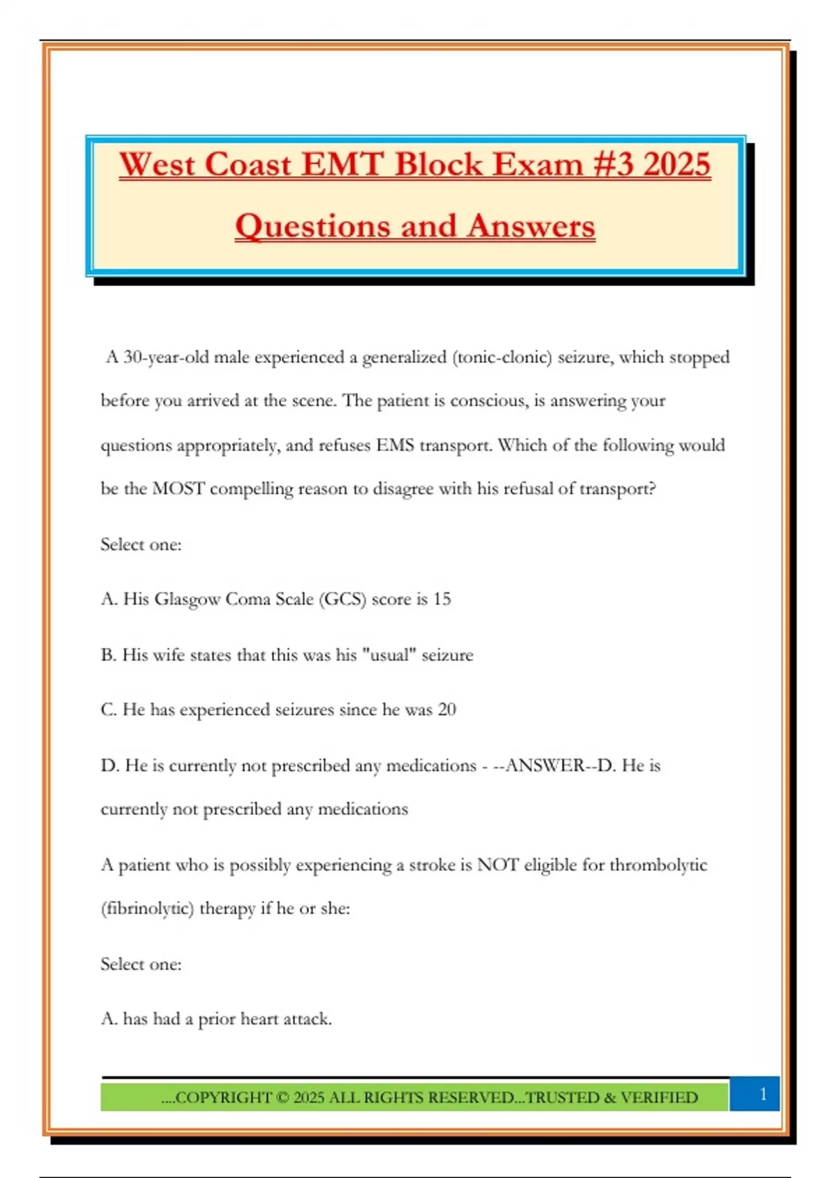 West Coast EMT Block Exam #3 2025 Questions and Answers - West coast ...