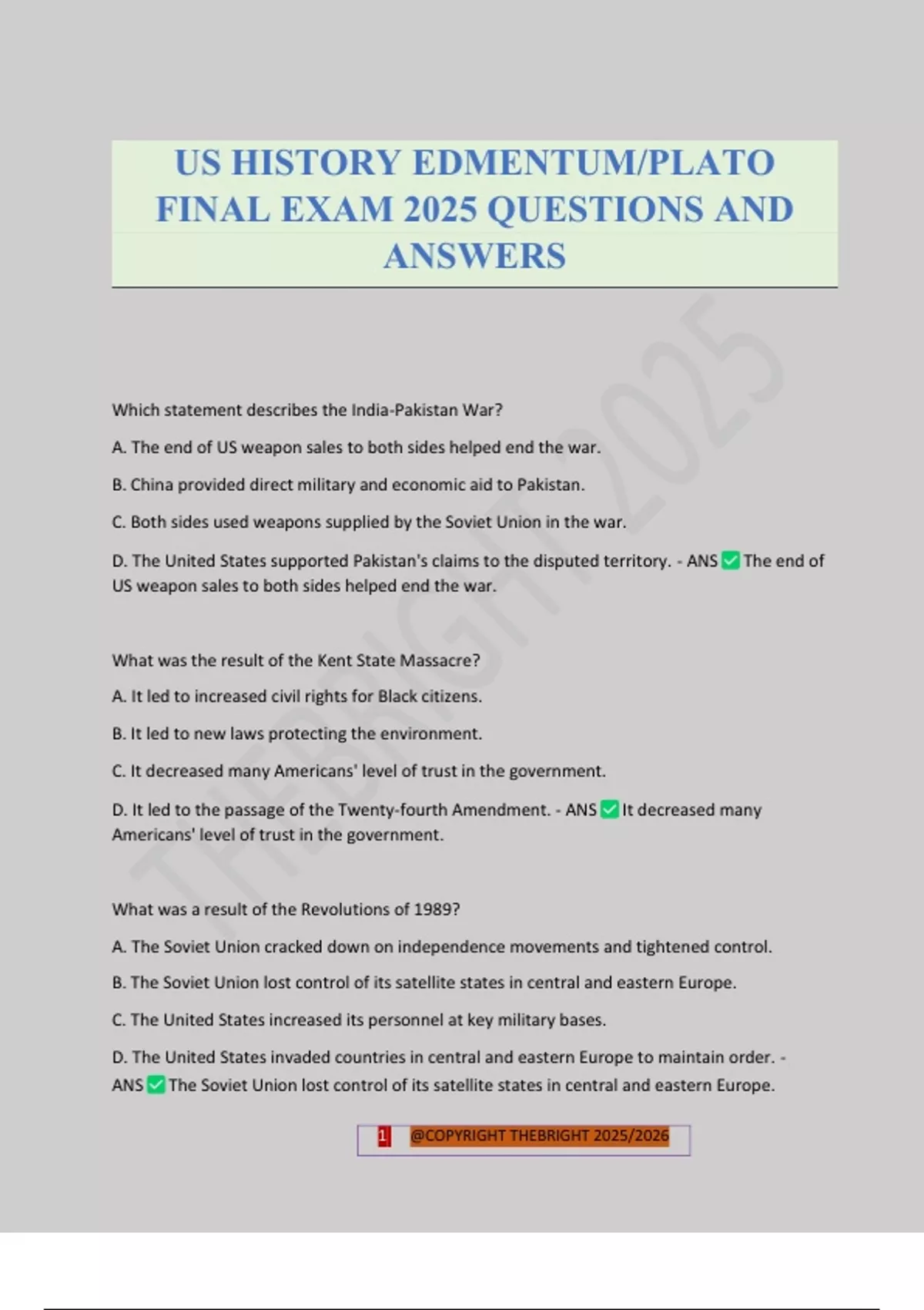 US HISTORY EDMENTUM/PLATO FINAL EXAM 2025 QUESTIONS AND ANSWERS - Us ...