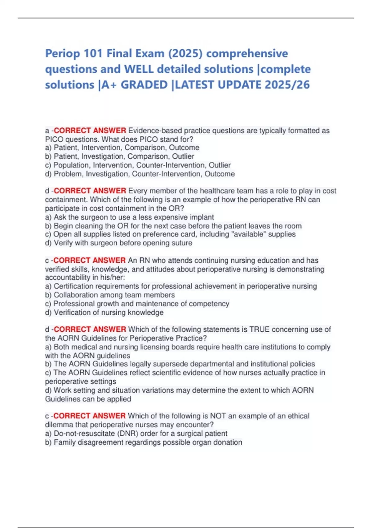 Periop 101 Final Exam (2025) comprehensive questions and WELL detailed ...