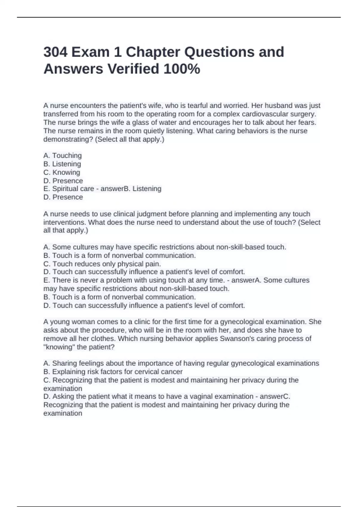 304 Exam 1 Chapter Questions and Answers Verified 100% Accurate - NUR ...