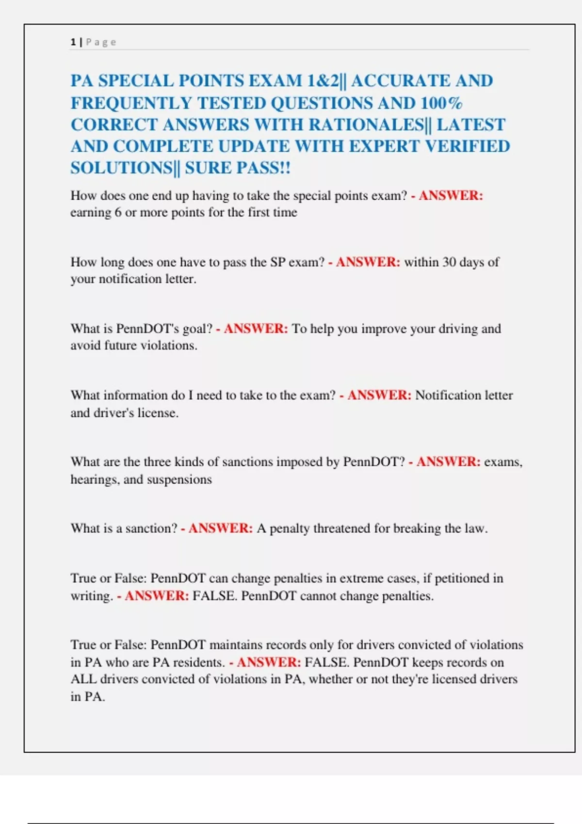 PA SPECIAL POINTS EXAM 1&2|| ACCURATE AND FREQUENTLY TESTED QUESTIONS AND 100% CORRECT ANSWERS ...