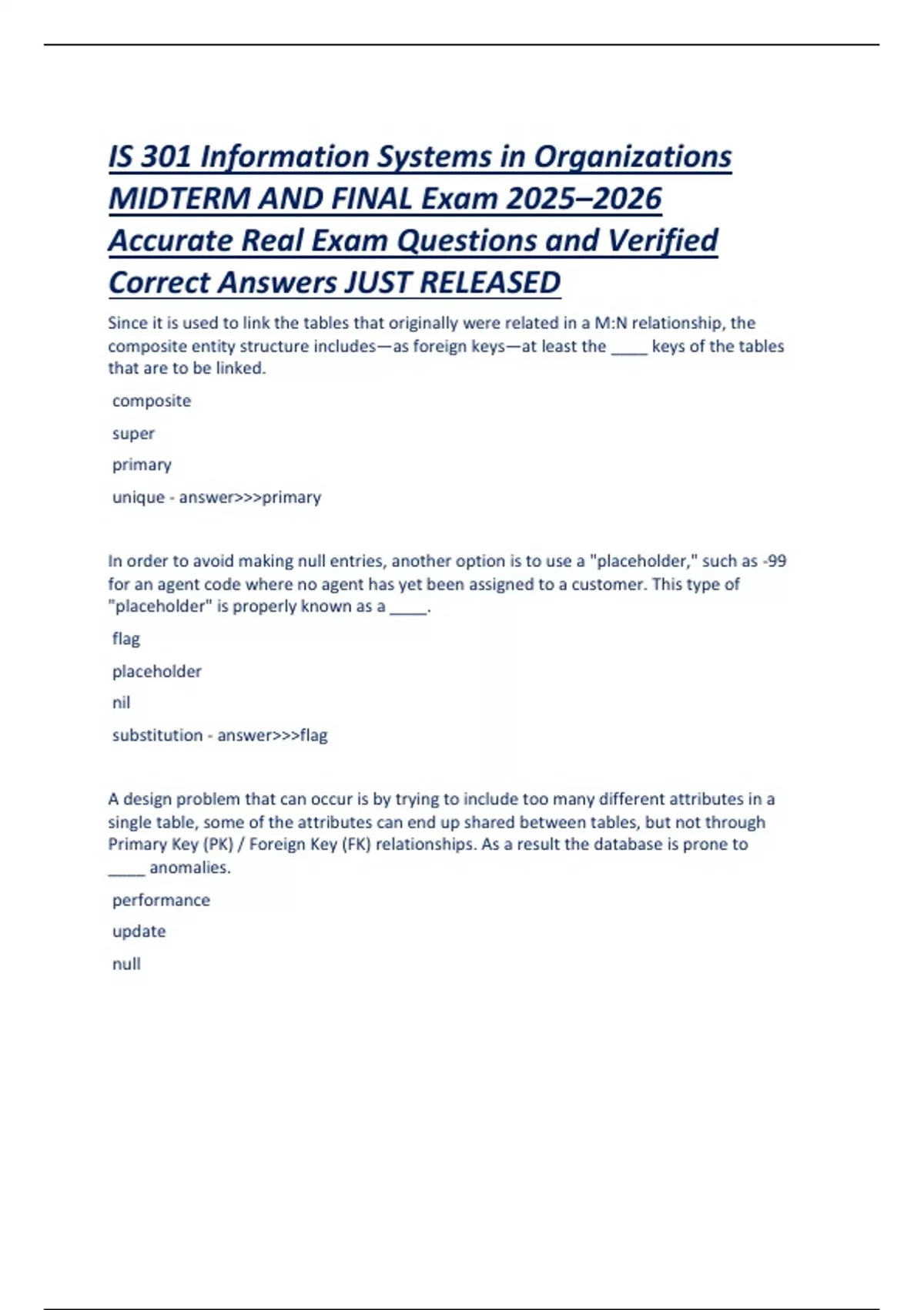 IS 301 Information Systems in Organizations MIDTERM AND FINAL Exam 2025 ...