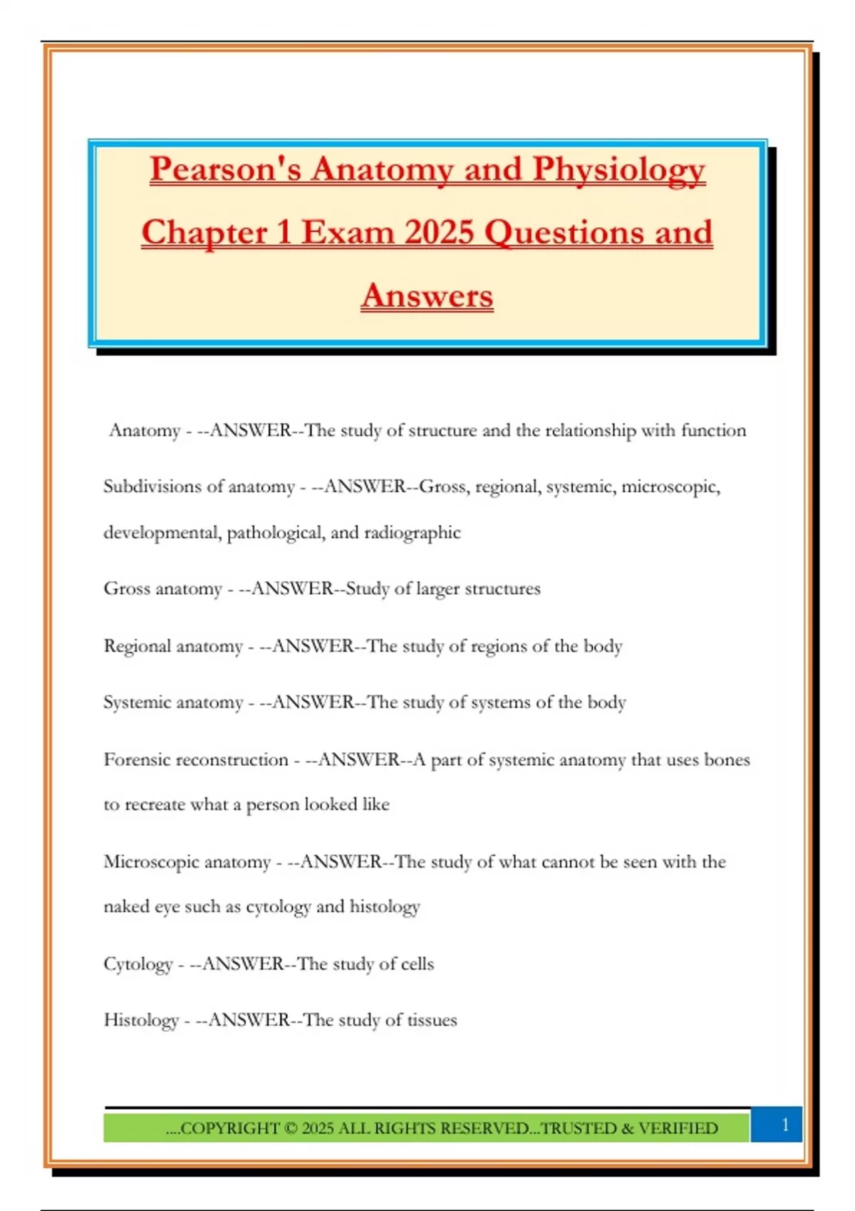 Pearson's Anatomy and Physiology Chapter 1 Exam 2025 Questions and ...