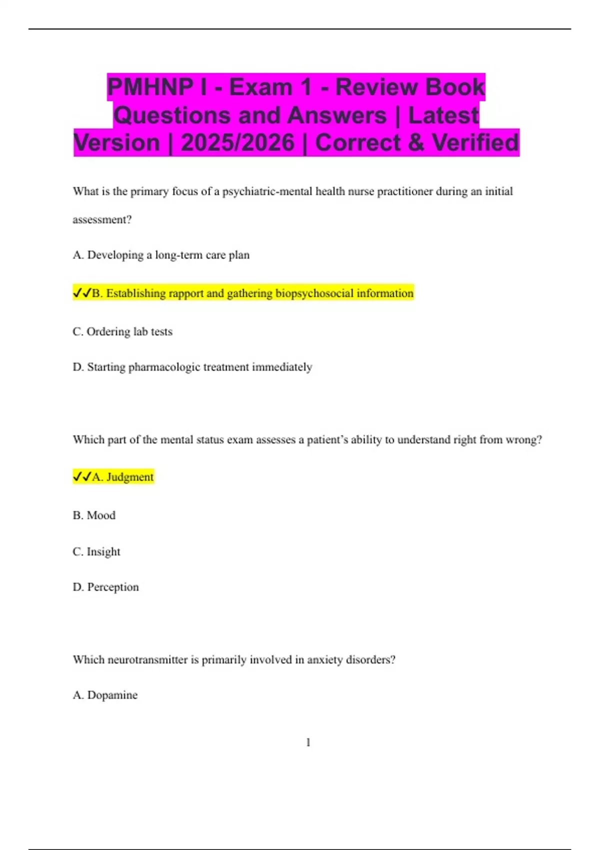 PMHNP I - Exam 1 - Review Book Questions and Answers | Latest Version ...
