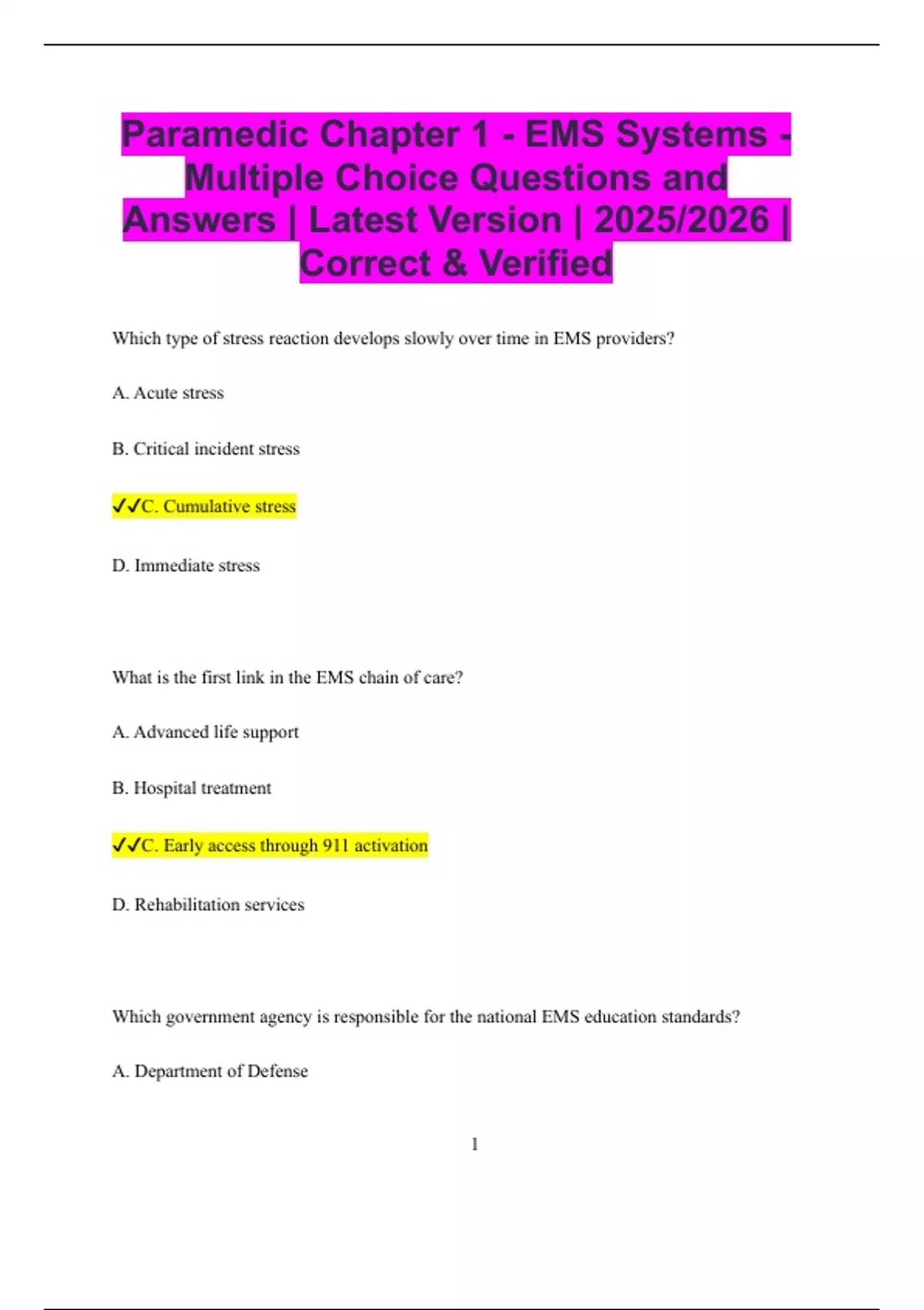 Paramedic Chapter 1 - EMS Systems - Multiple Choice Questions and ...