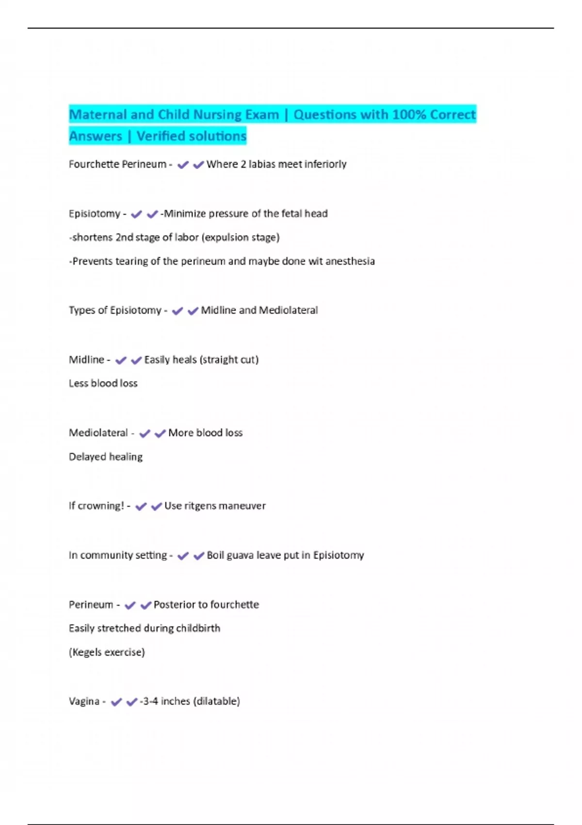 Maternal and Child Nursing Exam | Questions with 100% Correct Answers ...