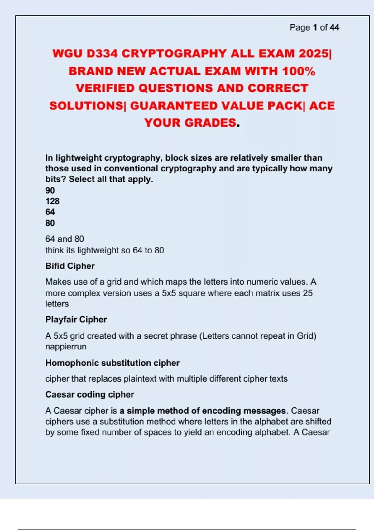 WGU D334 CRYPTOGRAPHY ALL EXAM 2025| BRAND NEW ACTUAL EXAM WITH 100% ...