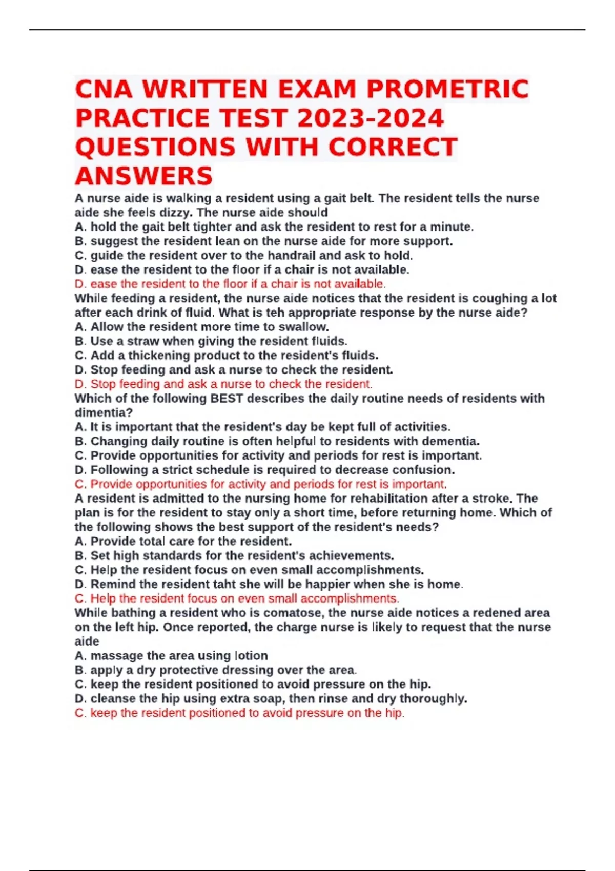 CNA Written Exam Prometric Practice Test Questions with Correct Answers ...