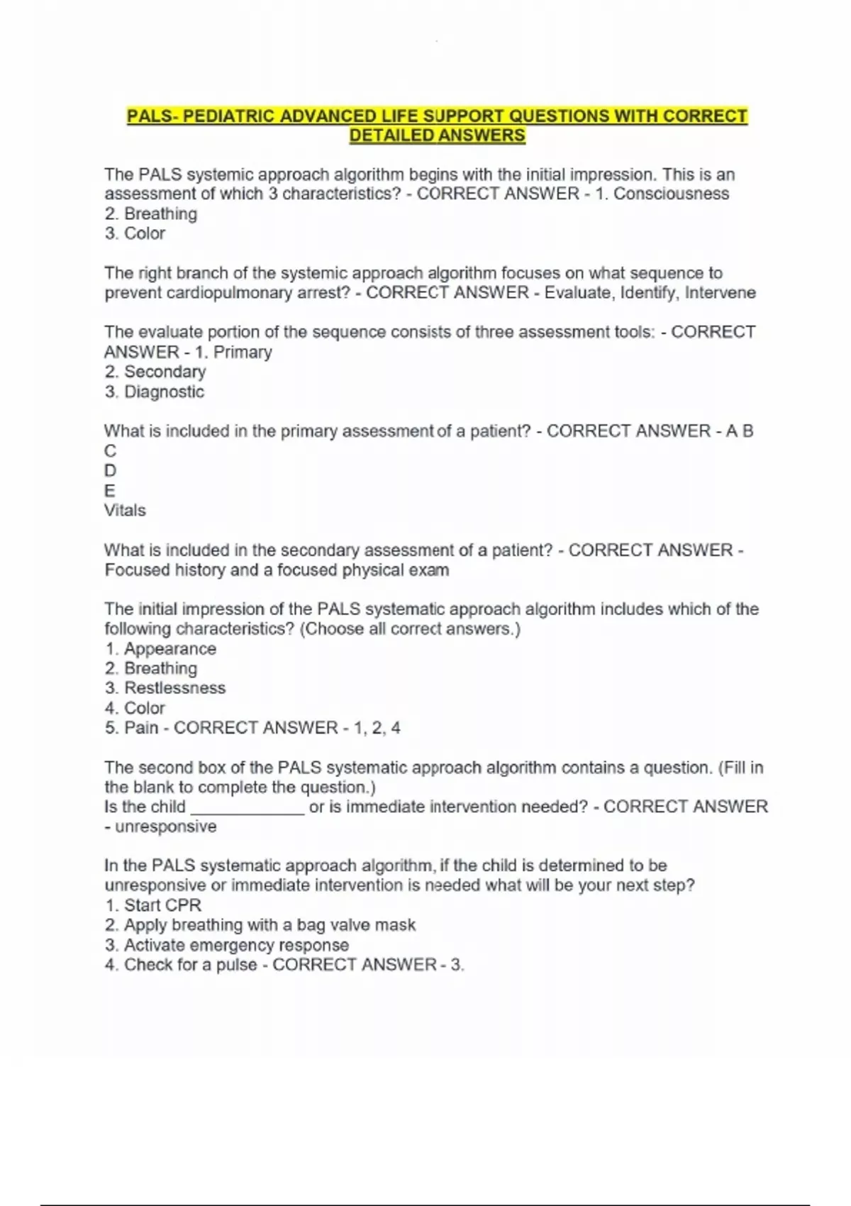 PALS- PEDIATRIC ADVANCED LIFE SUPPORT QUESTIONS WITH CORRECT DETAILED ...