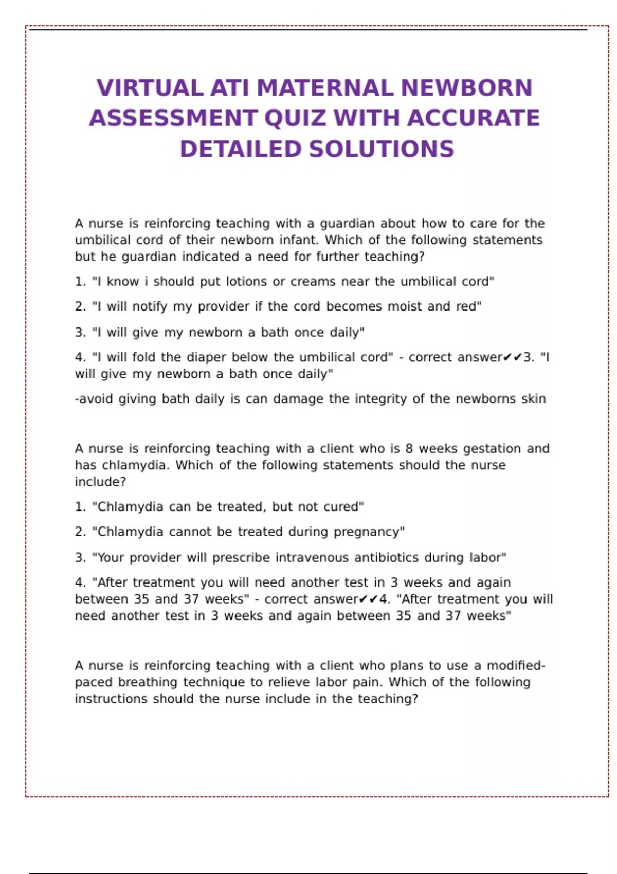 VIRTUAL ATI MATERNAL NEWBORN ASSESSMENT QUIZ WITH ACCURATE DETAILED SOLUTIONS - VATI Maternal ...
