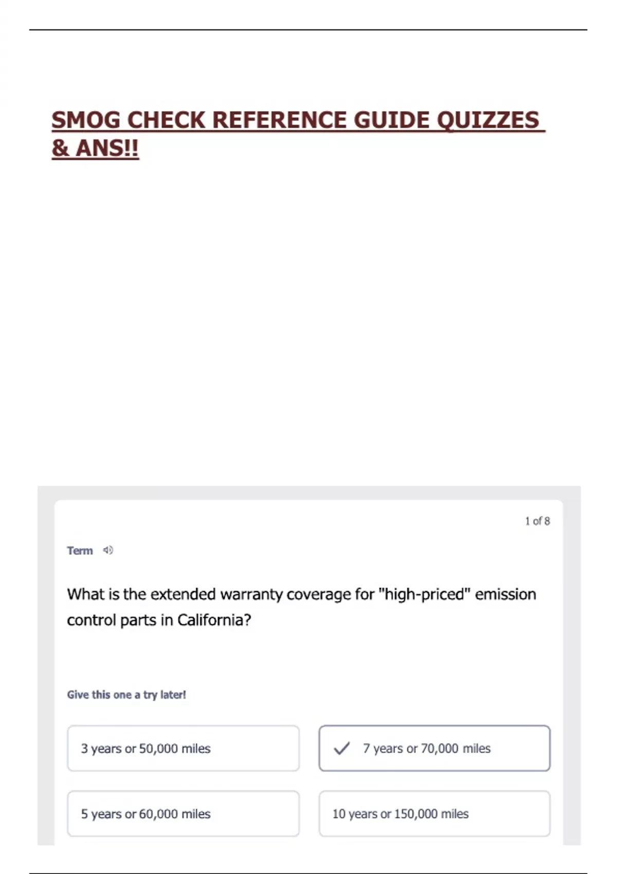 SMOG CHECK REFERENCE GUIDE QUIZZES & ANS!! - Smog Check Inspector ...