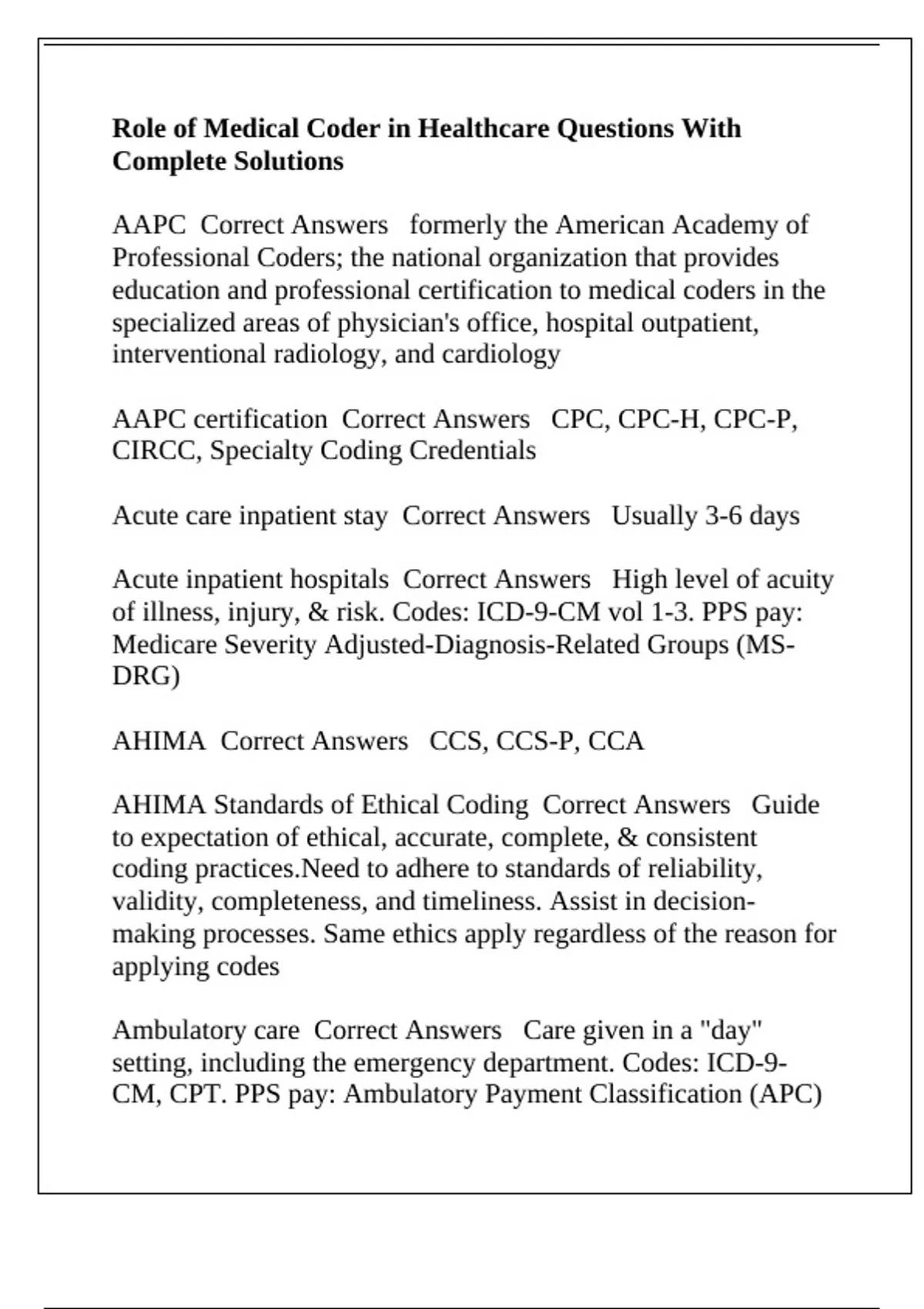 Questions Medical Coders Role of Medical Coder in Healthcare Questions With Complete Solutions ...