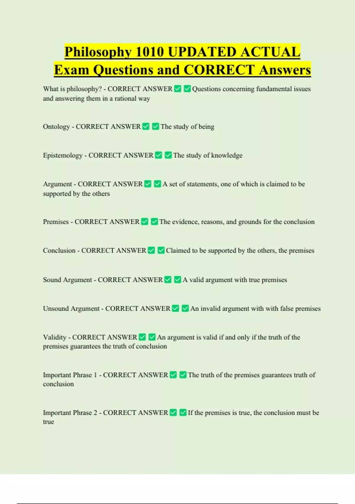 Philosophy 1010 Bundled Exam Questions WITH CORRECT Answers - Stuvia US