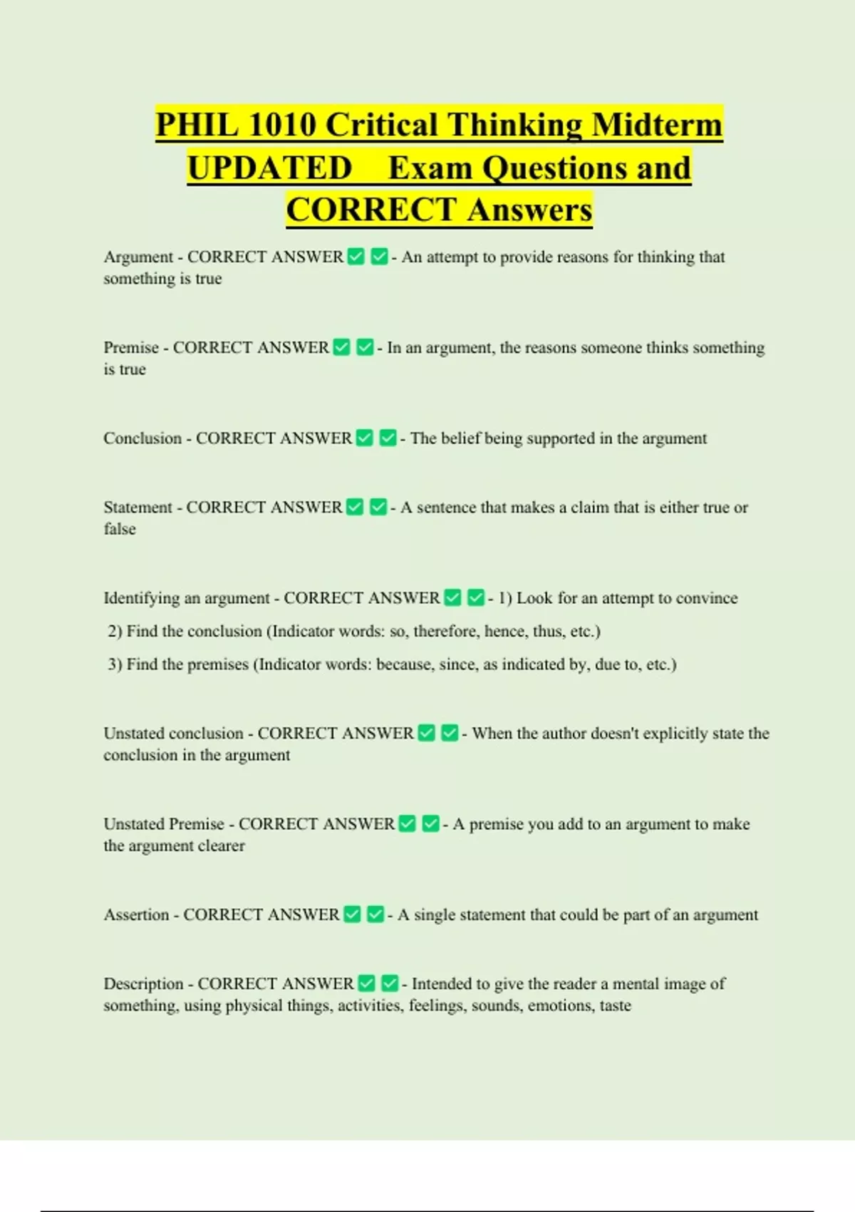 PHIL 1010 Critical Thinking Midterm UPDATED Exam Questions and CORRECT  Answers - Philosophy 1010 - Stuvia US