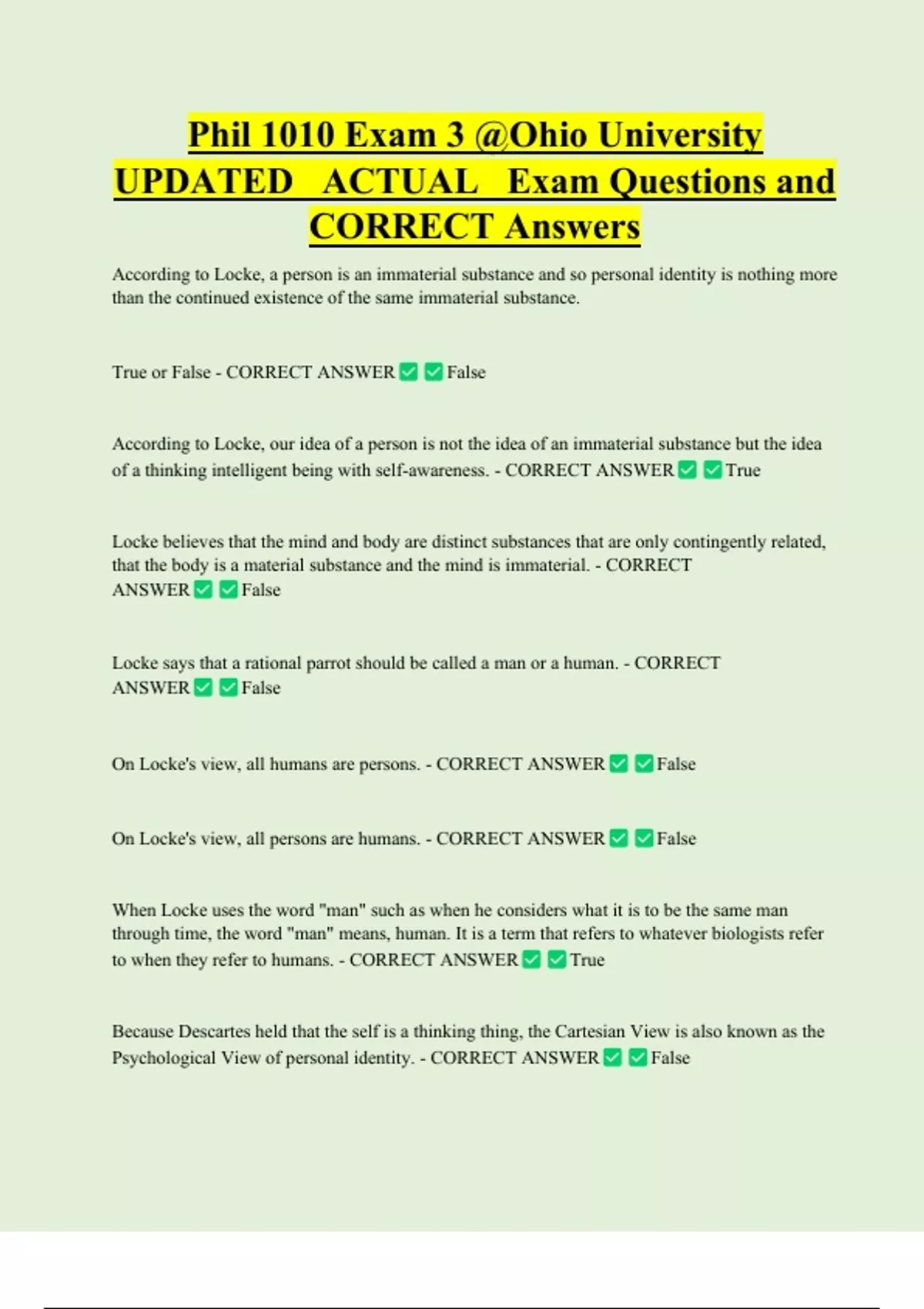 Phil 1010 Exam 3 @Ohio University UPDATED ACTUAL Exam Questions and ...