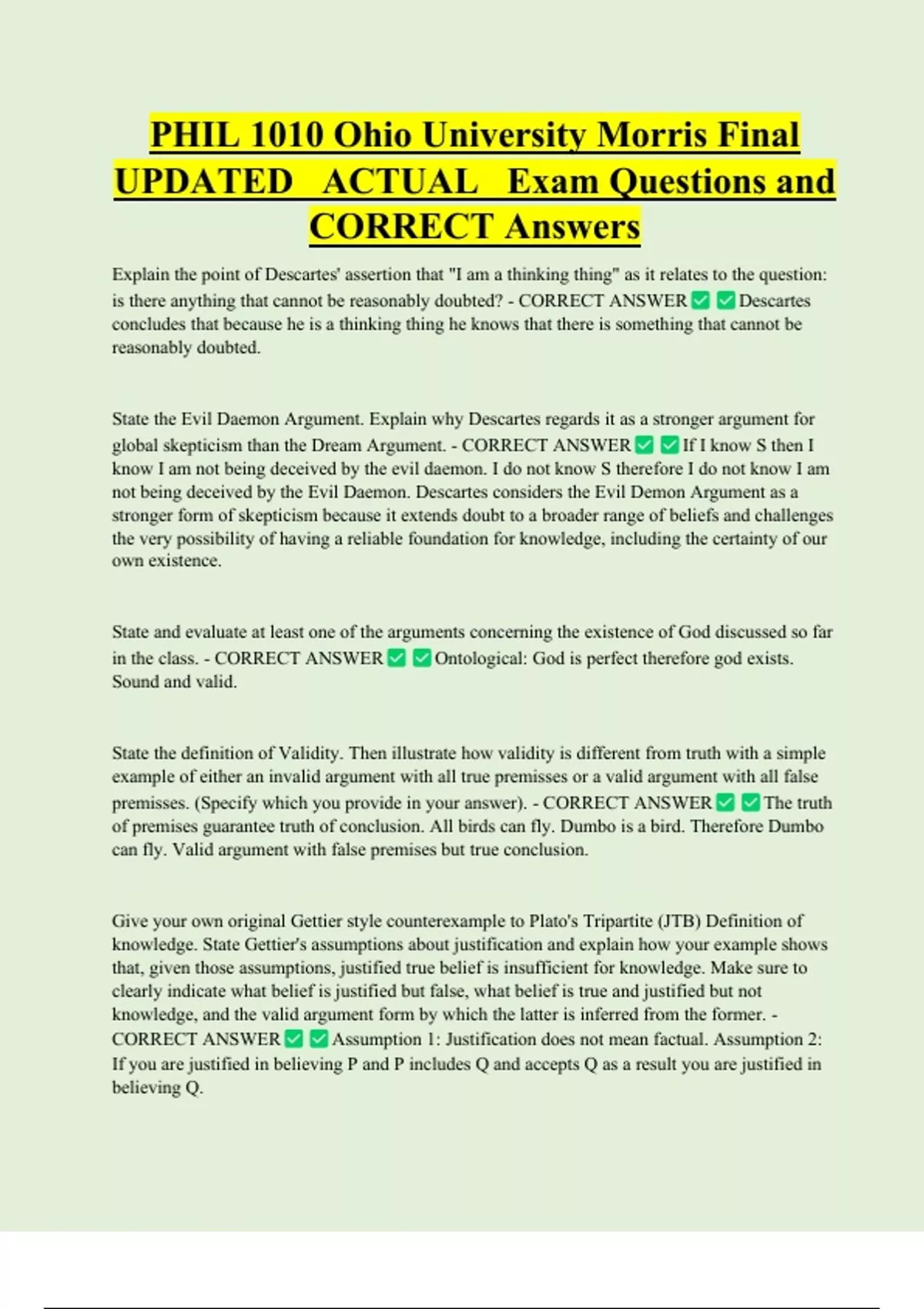 PHIL 1010 Ohio University Morris Final UPDATED ACTUAL Exam Questions ...
