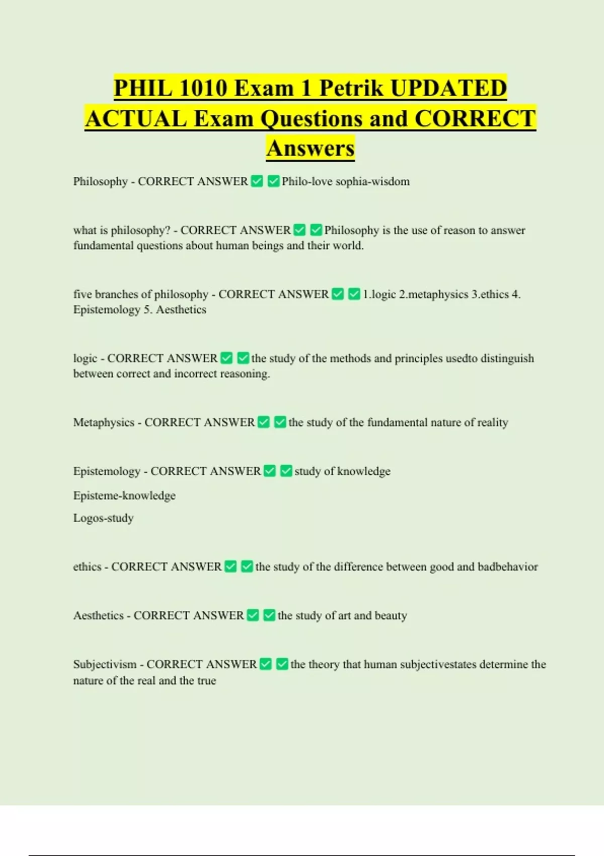 PHIL 1010 Exam 1 Petrik UPDATED ACTUAL Exam Questions and CORRECT ...