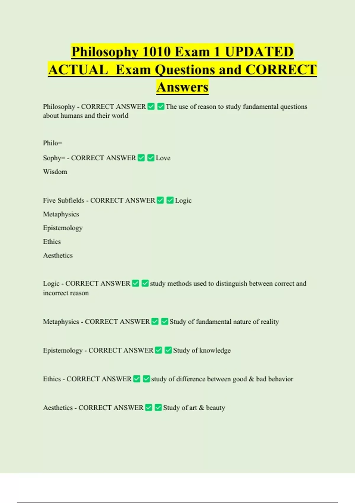 Philosophy 1010 Exam 1 UPDATED ACTUAL Exam Questions and CORRECT ...