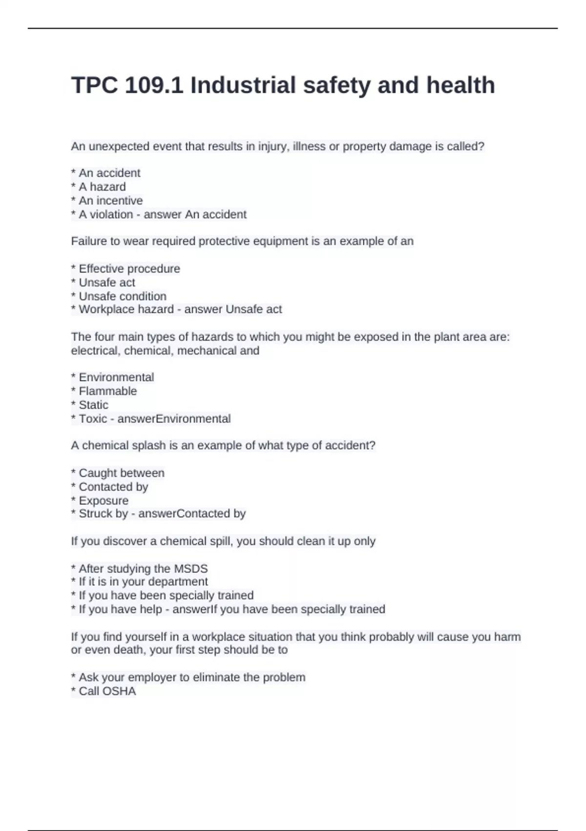TPC 109.1 Industrial safety and health Questions and Answers Graded A+ ...
